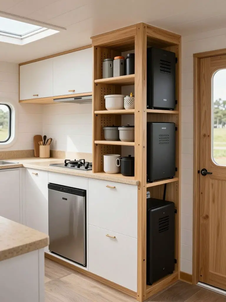 A compact tiny home off-grid kitchen with a clearly integrated battery and inverter cabinet built into a tall utility column at the end of t.