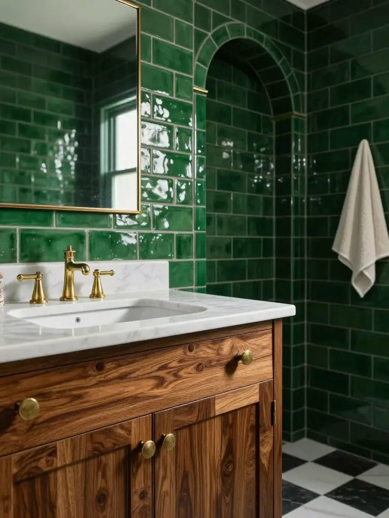 A traditional dark green tiled bathroom with glossy emerald brick tiles covering the walls and a rich walnut wood vanity anchoring the foreg.