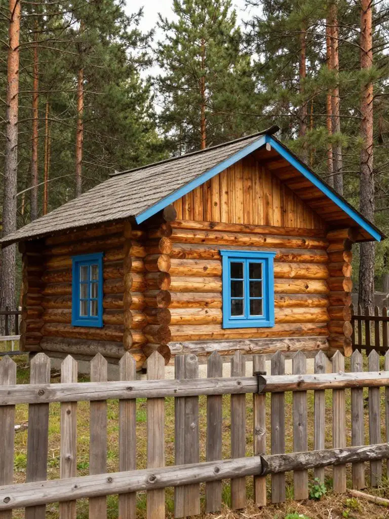 A traditional log small cabin idea nestled among tall pine trees, featuring rounded timber logs and bright blue window trim for charming con.