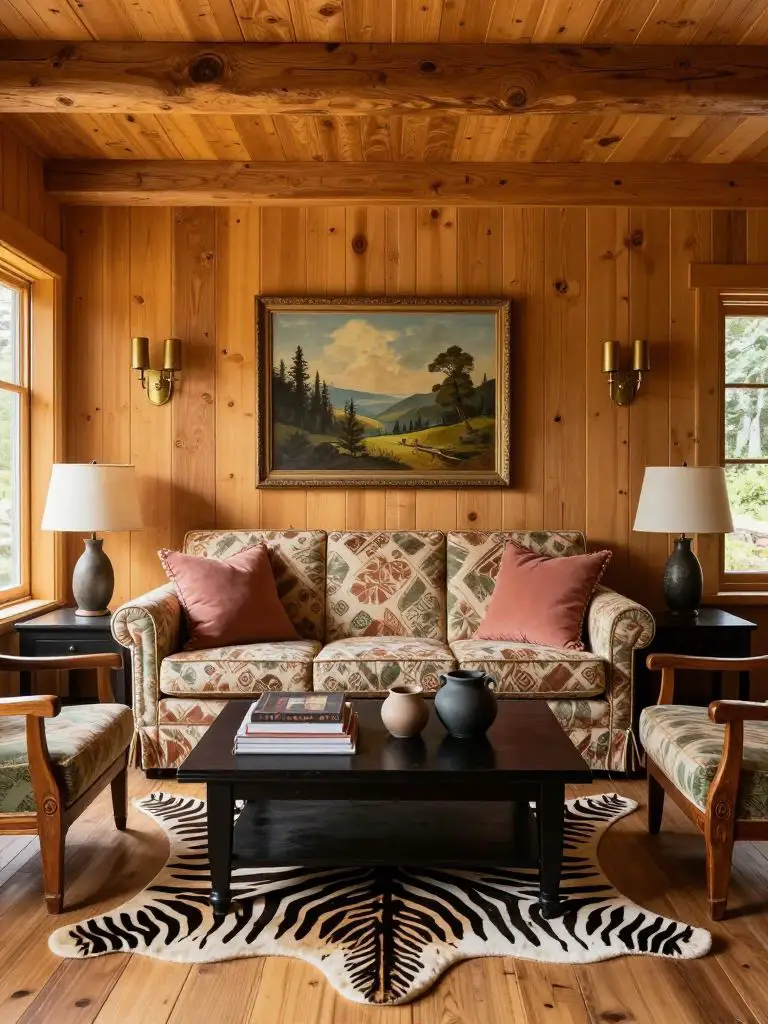 A heritage-inspired mountain cottage sitting room wrapped in warm golden wood paneling, blending Traditional Rustic with Warm Minimalist sty.