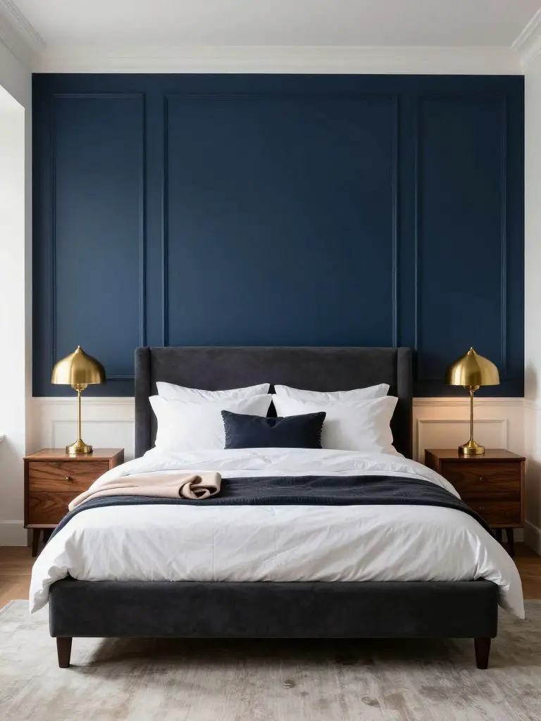 A bold modern bedroom with classic architectural detailing, centered around a plush upholstered bed with layered white and charcoal bedding.