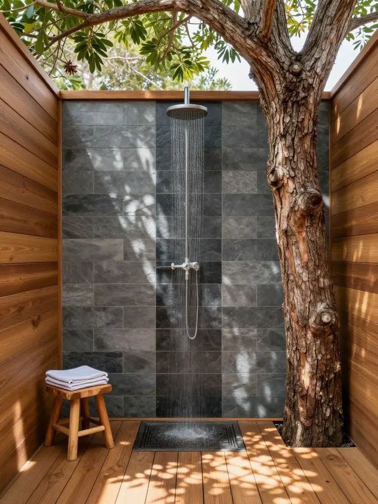 A deck-integrated off grid shower where a mature tree trunk becomes part of the design.