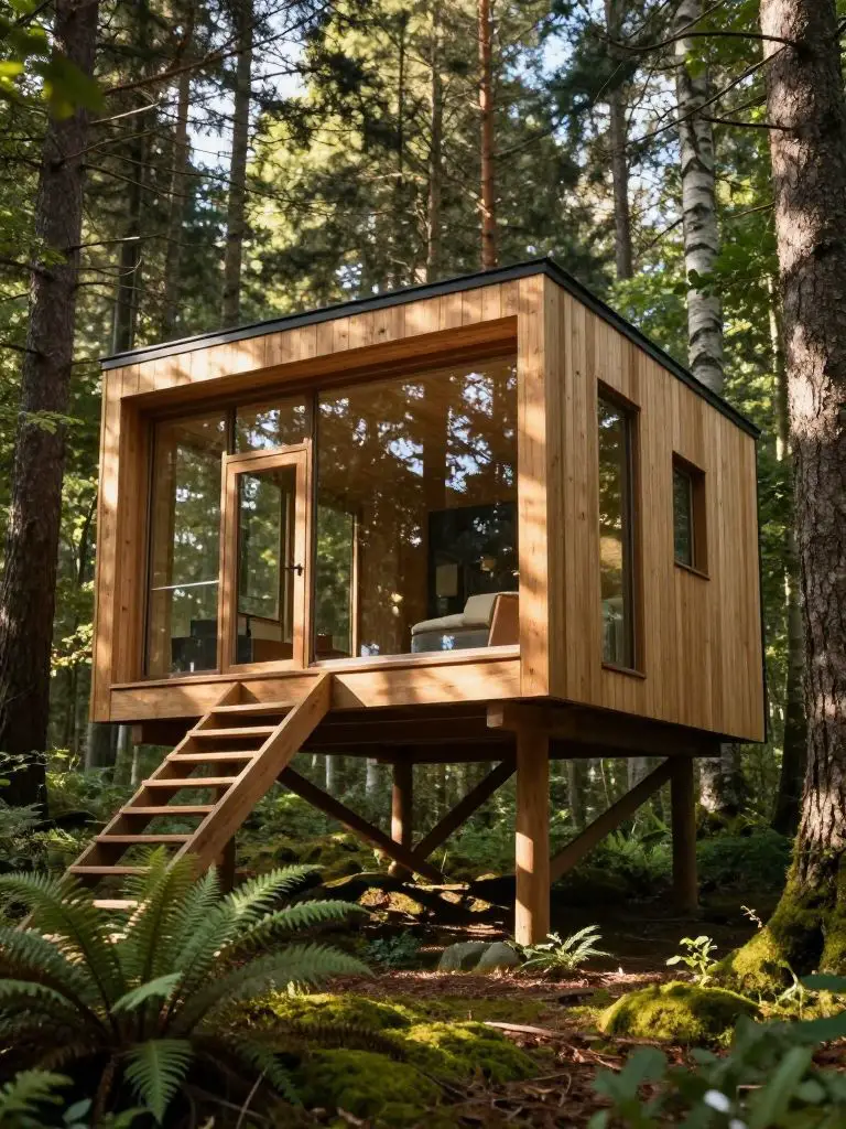 Create an , hyper- photograph of a modern treehouse retreat elevated on sturdy timber stilts above a lush, mossy forest floor, with the cabi.