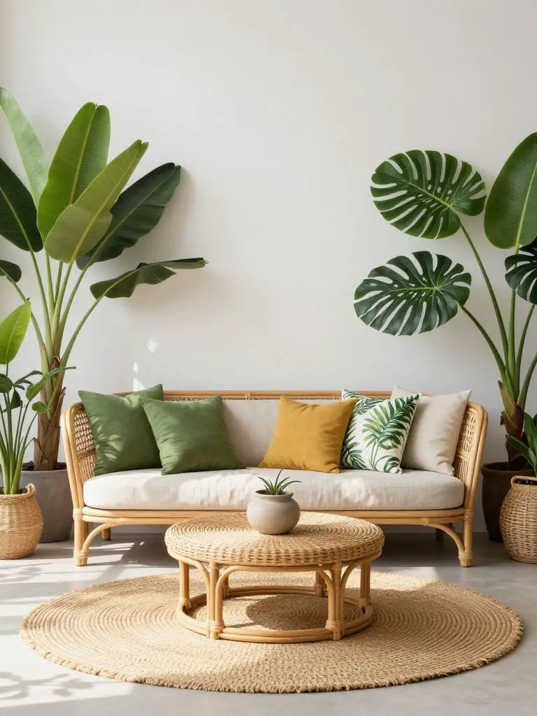 A tropical-inspired eco friendly lounge featuring sustainably sourced rattan seating and a handwoven seagrass rug.