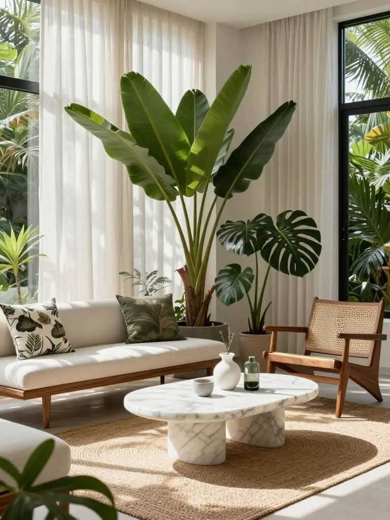 A tropical modern sitting area blending marble and natural wood in an eco friendly interior.