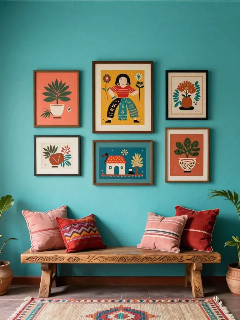 A vibrant rustic Mexican living room corner featuring a bold turquoise accent wall as the hero backdrop.