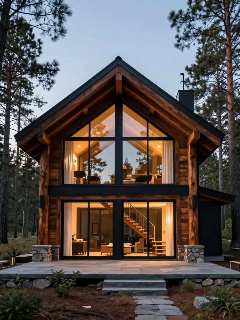 A dramatic two-story modern rustic cabin design with expansive glass walls and angular rooflines set among tall pine trees at dusk.