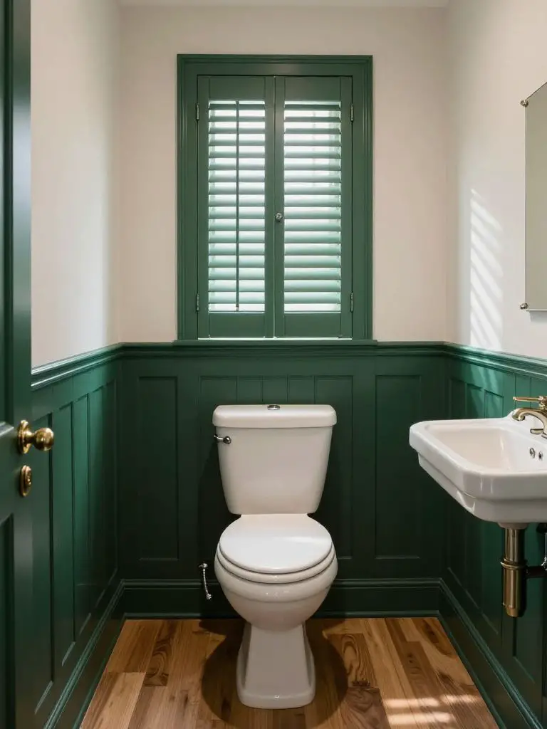 A charming two-tone bathroom featuring dark green lower wall wainscoting and soft off-white upper walls.