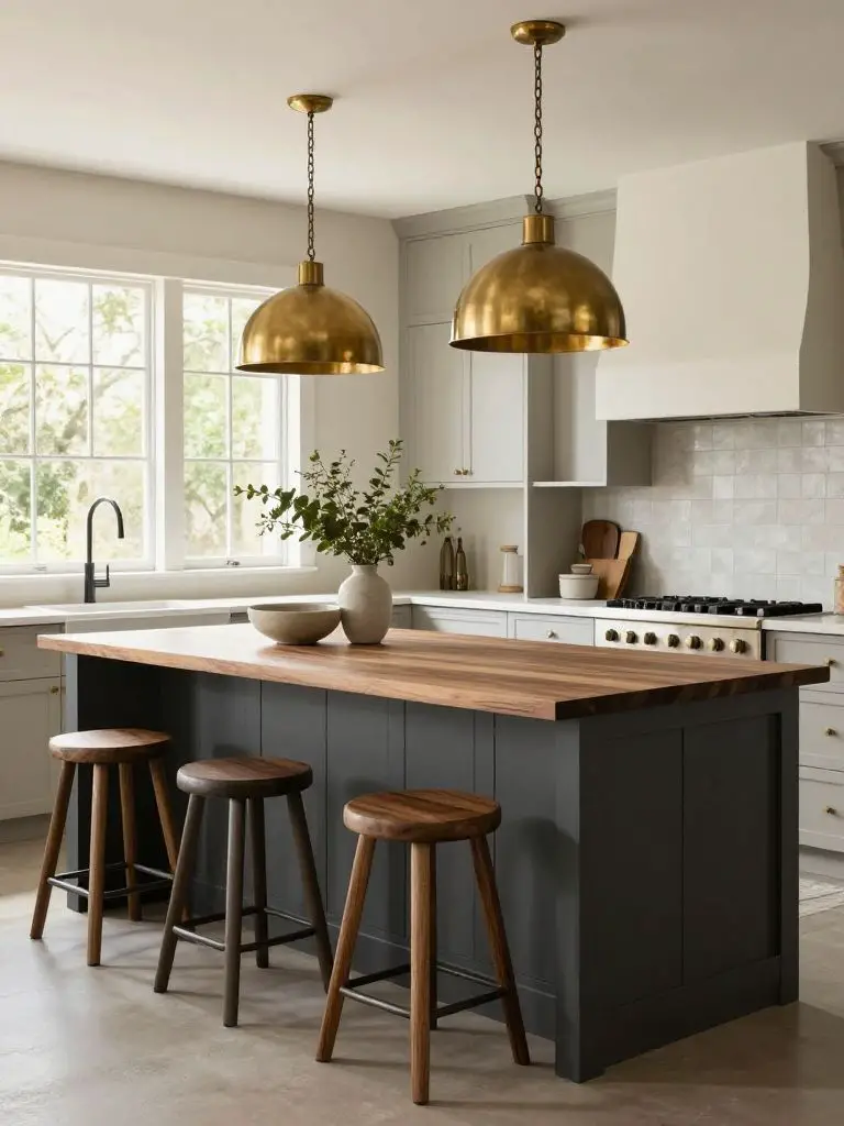 A sophisticated two-tone modern earthy kitchen island combining matte charcoal paneling with a thick walnut countertop in a Modern Rustic st.