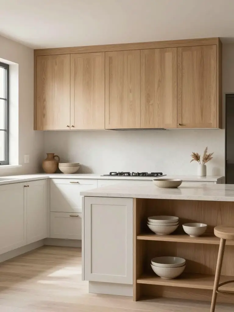 Modern kitchen remodel featuring two-tone shaker cabinetry as the hero subject, with light natural oak upper cabinets contrasted against sof.
