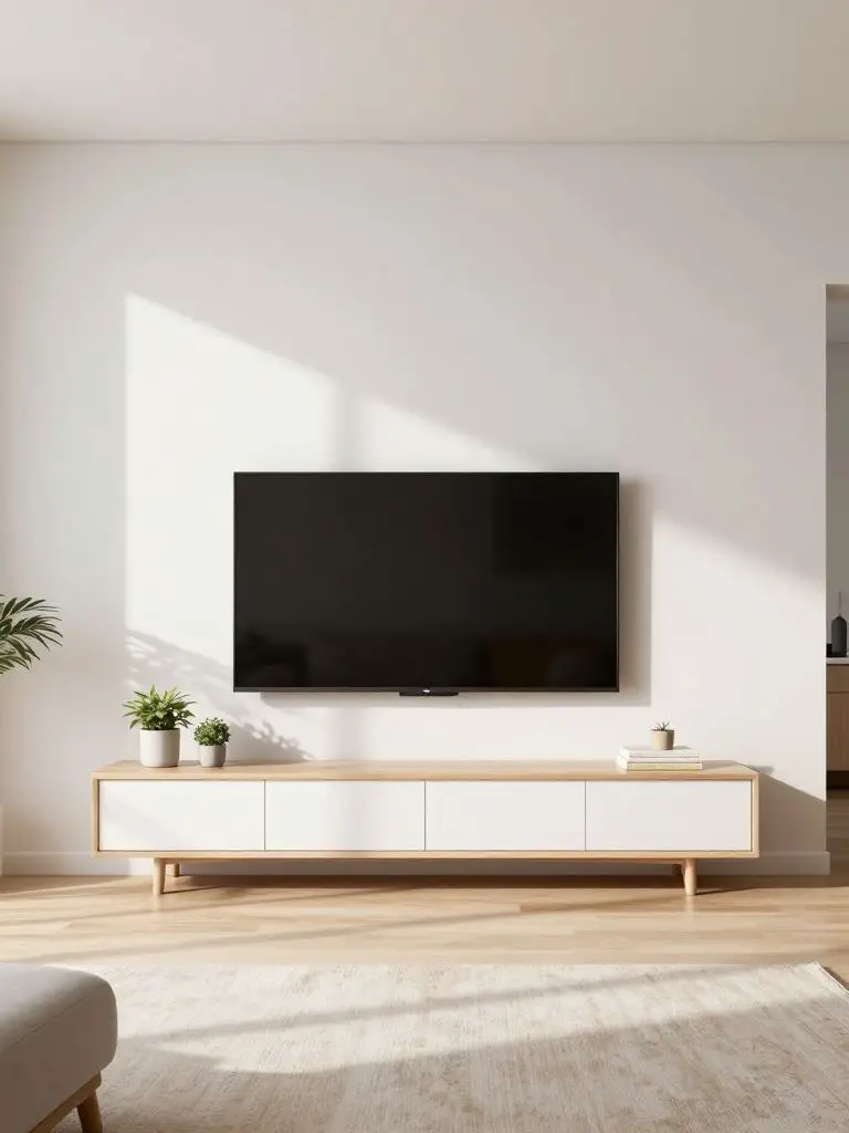 An ultra-clean minimalist TV wall featuring a large wall-mounted television centered on a crisp soft white wall with no additional panels or.
