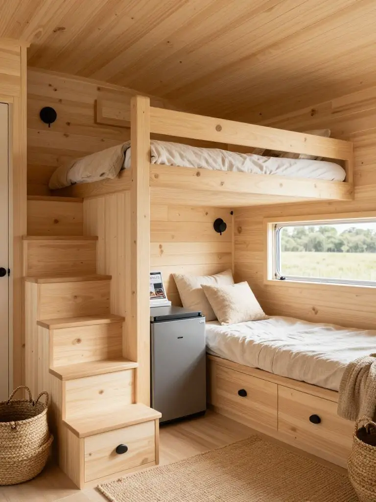 An ultra-compact tiny cabin interior with a raised sleeping loft and integrated storage staircase in Scandinavian Rustic style.