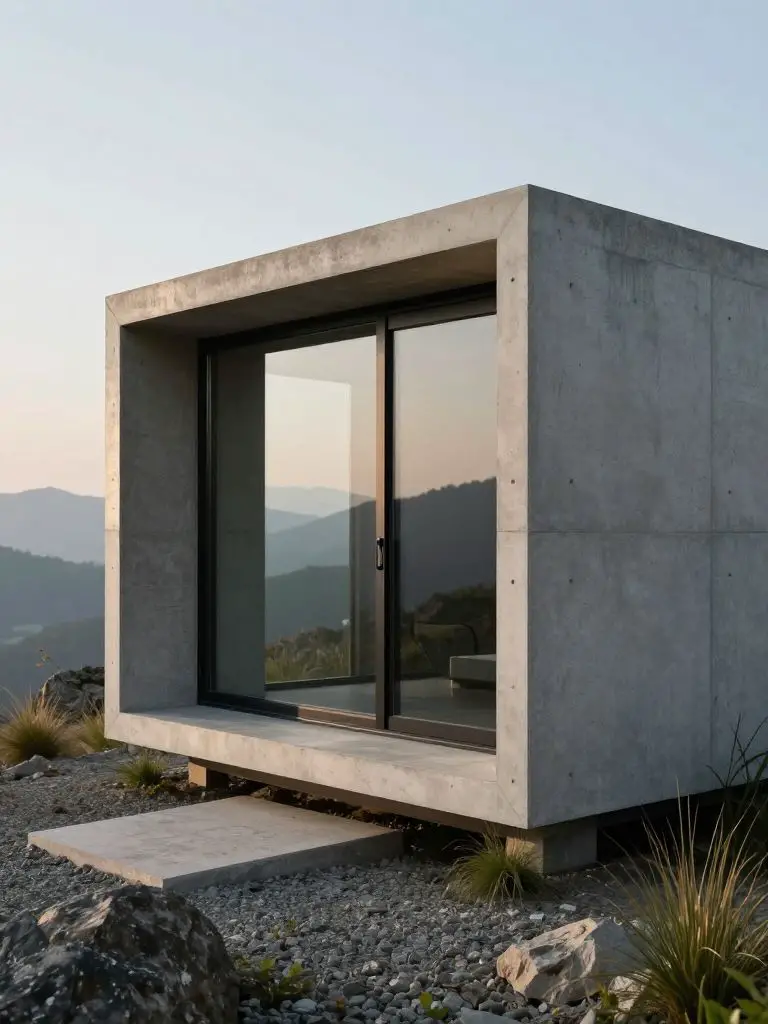 A hyper- architectural photograph of an ultra-modern off-grid concrete pod, its monolithic form composed of smooth, board-formed concrete wi.