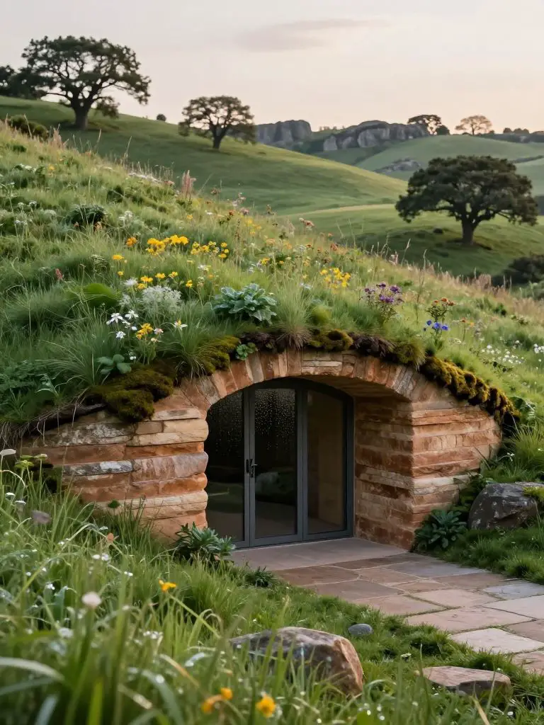 An , hyper- architectural photograph of an underground hideaway expertly embedded within a grassy hillside, featuring a lush, living green r.