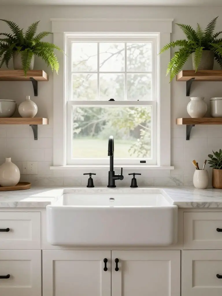 A contemporary farmhouse sink setup in a modern farmhouse kitchen renovation featuring a deep white apron-front fireclay sink centered benea.