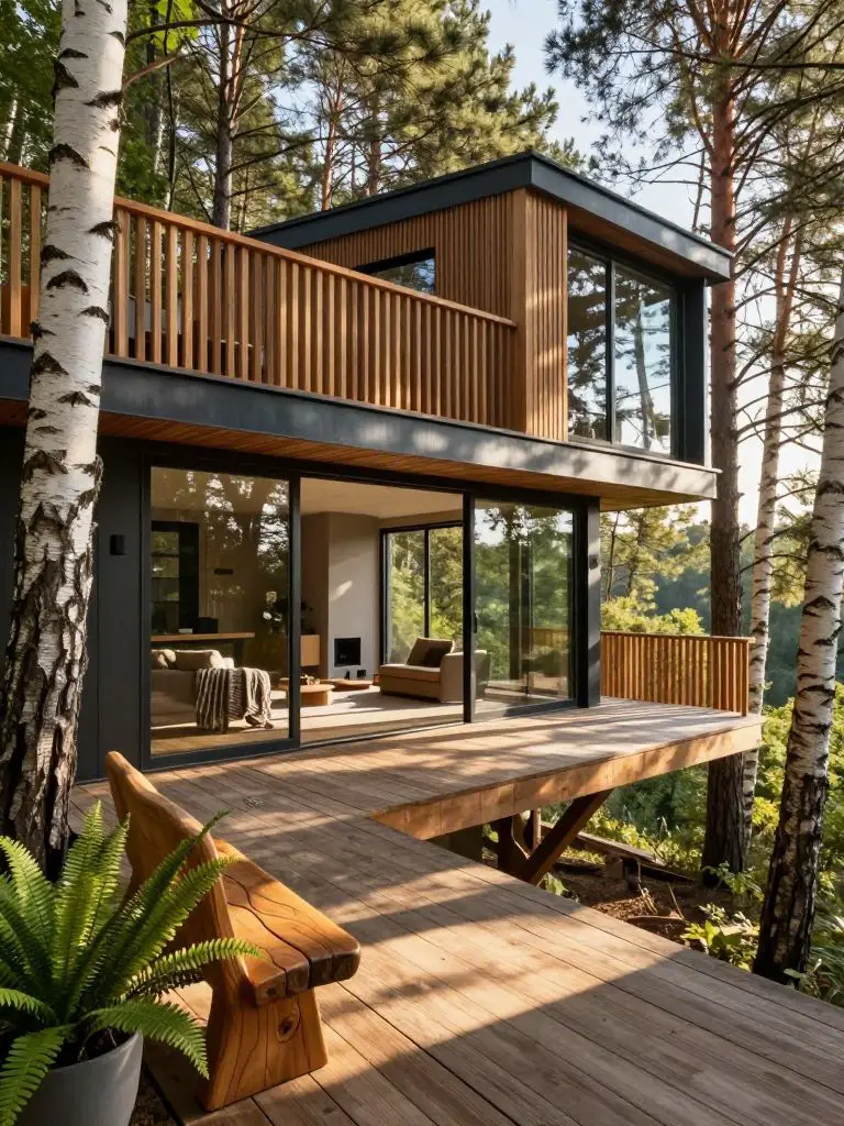 Capture an elevated eco-luxury treehouse nestled among mature birch and pine, with a cantilevered deck extending from the main living area.