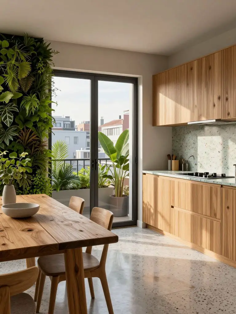 Present an urban home interior that incorporates visible eco features: in the foreground, a rough-grained reclaimed wood dining table set wi.