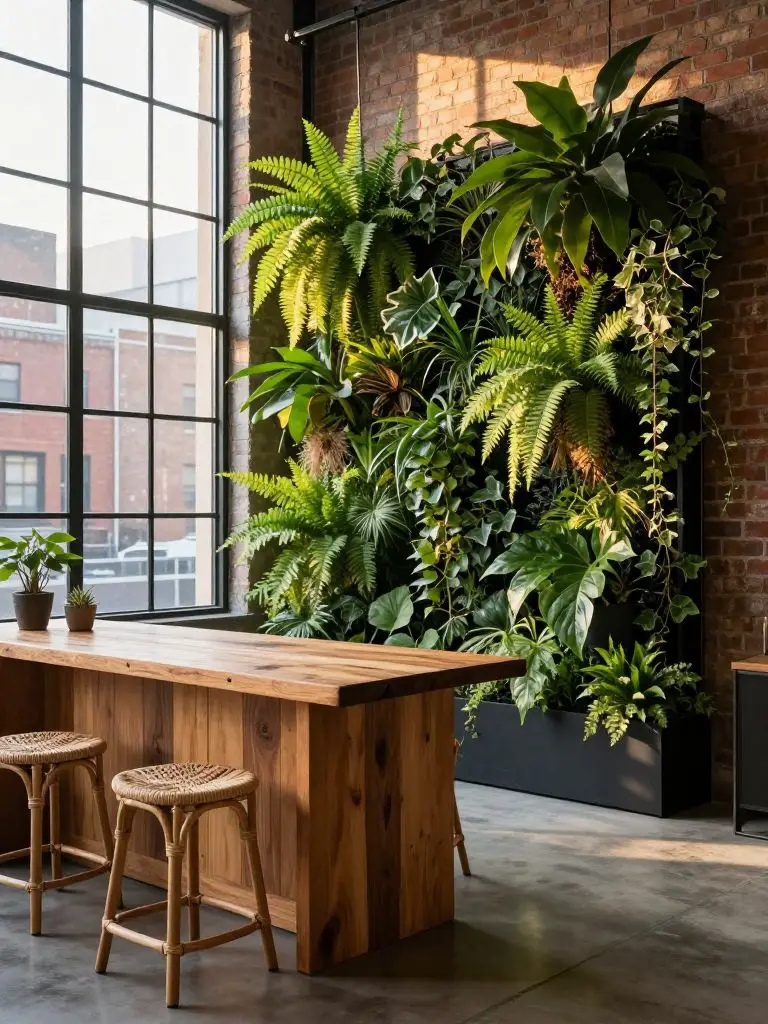 Photograph an urban loft’s living area designed as an oasis with integrated green features, where the foreground displays a reclaimed wood b.