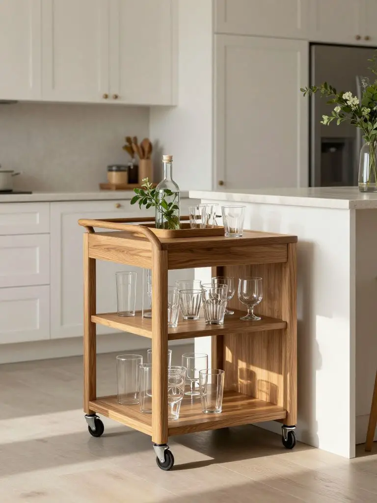A modern farmhouse kitchen renovation highlighting a compact wooden bar cart positioned in front of a white kitchen island.