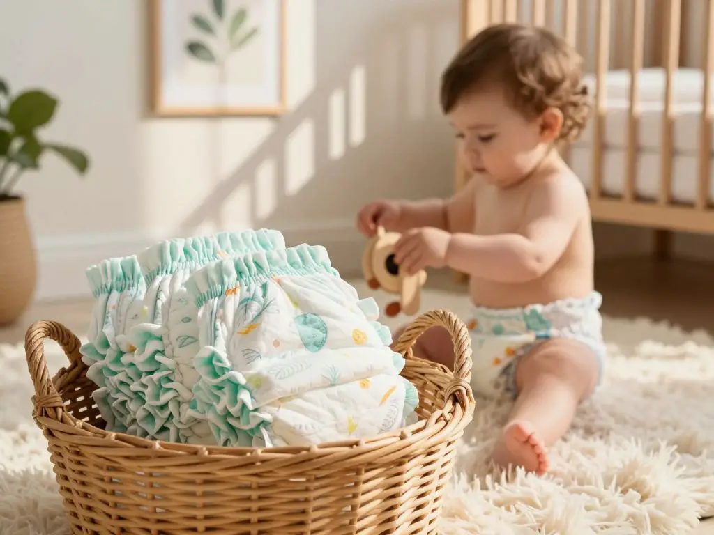 Capture a brightly lit nursery at golden hour, where the foreground features a stack of well-folded, vividly patterned cotton washable diape.