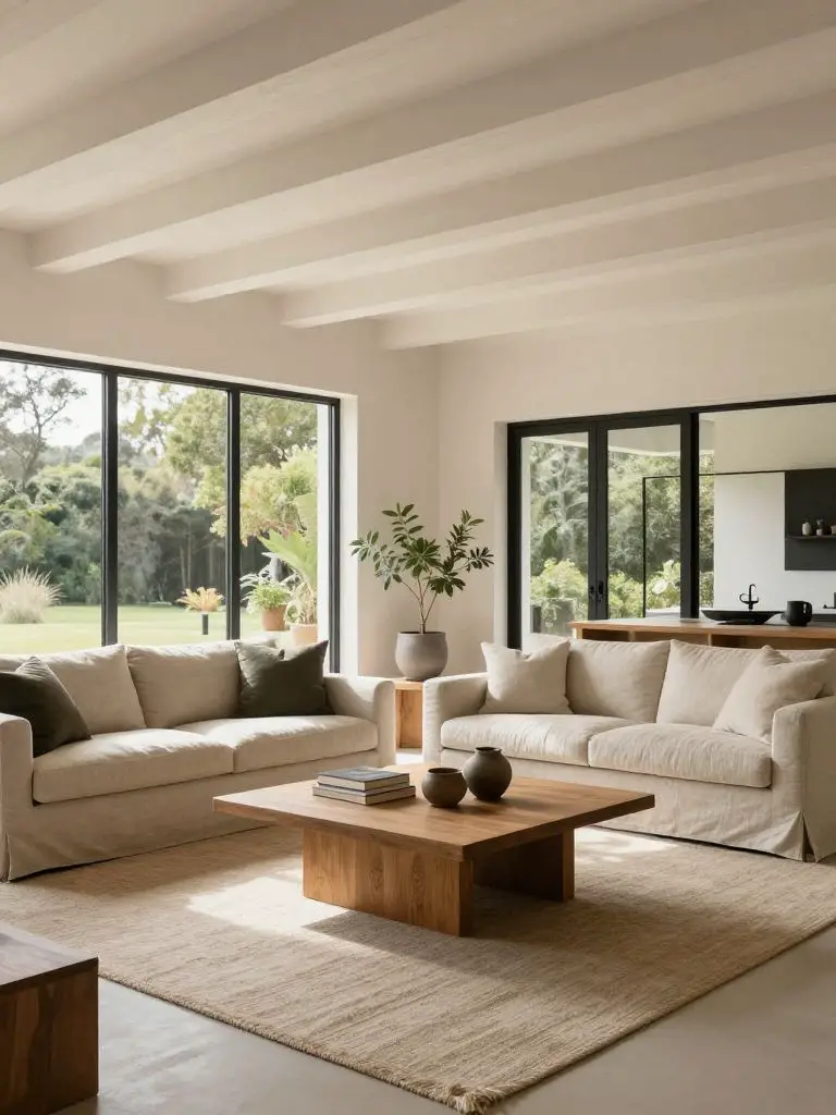 A bright vaulted modern earthy living room with white beam ceiling and expansive black-framed windows in a Warm Minimalist style.