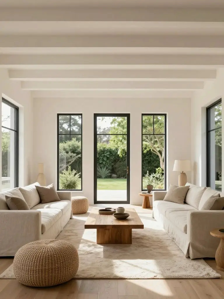 A vaulted ceiling neutral minimalist living room with exposed white beams and tall black-trim windows framing lush greenery outside.