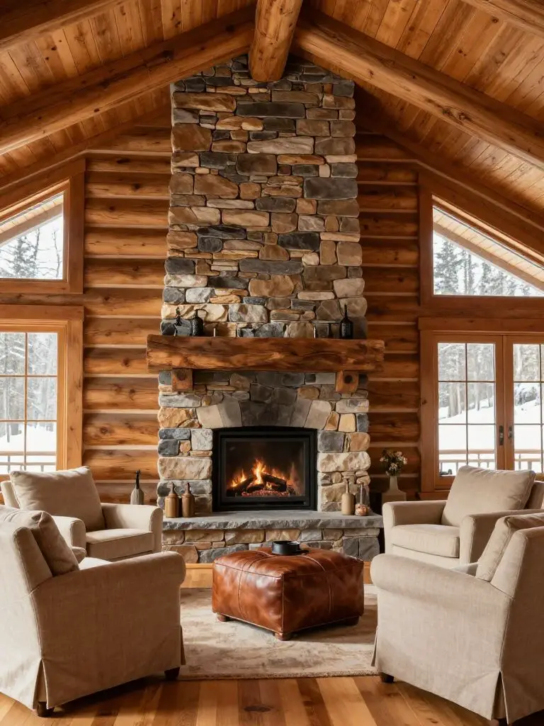 A vaulted log cabin living room featuring soaring knotty pine ceilings and a floor-to-ceiling stacked stone fireplace as the hero focal poin.