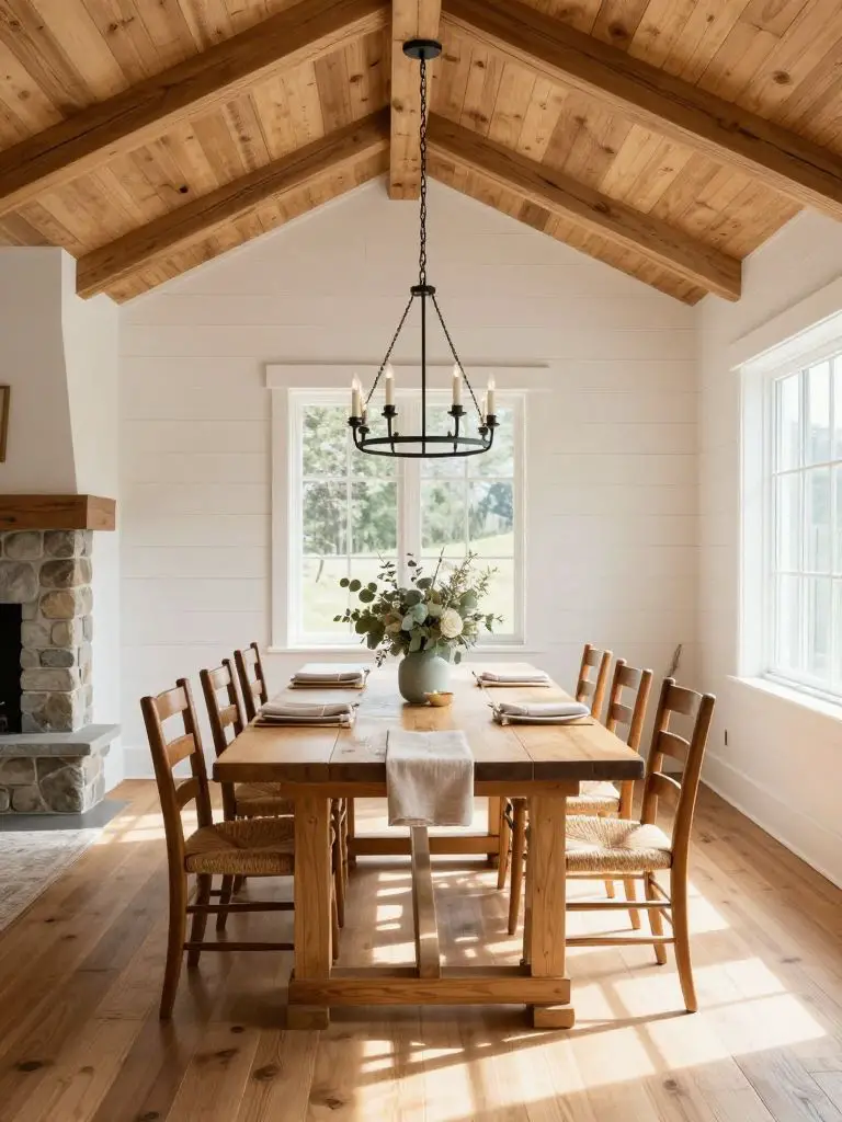 A bright mountain cottage dining area with vaulted wood-paneled ceilings and white vertical shiplap walls, styled in Rustic Farmhouse meets.