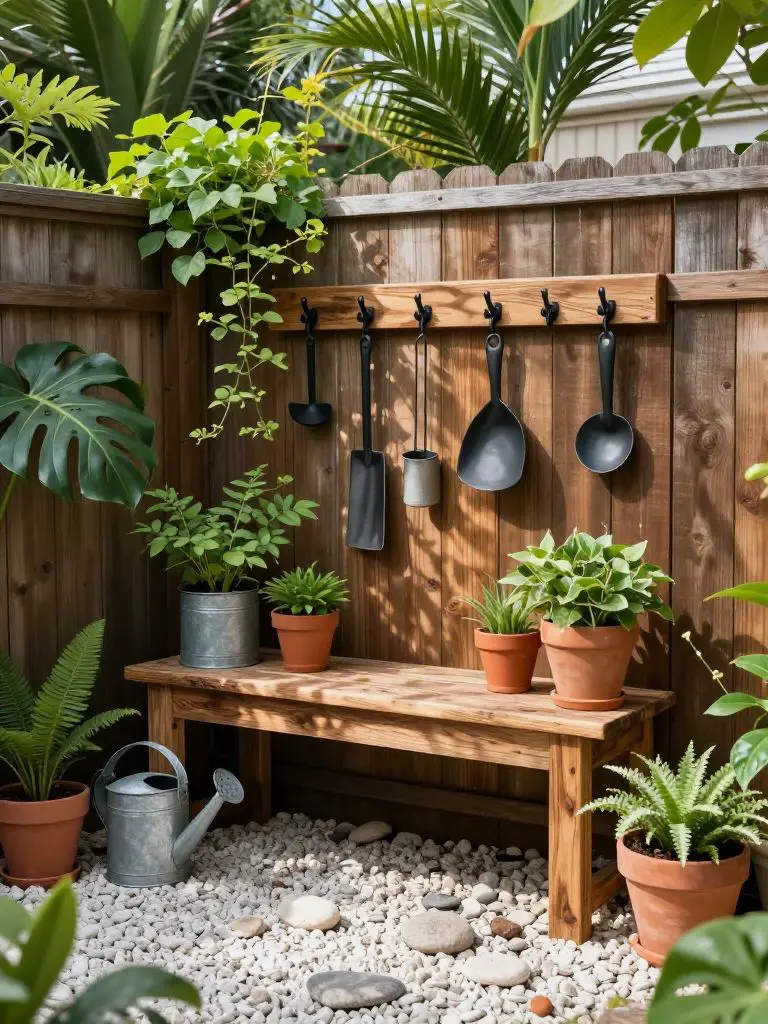 A compact backyard corner transformed into a vertical small garden workspace in Modern Rustic style.