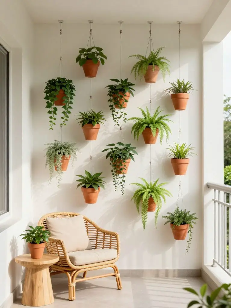 A small balcony-style tiny backyard corner featuring a dramatic vertical hanging planter installation in Warm Minimalist style.