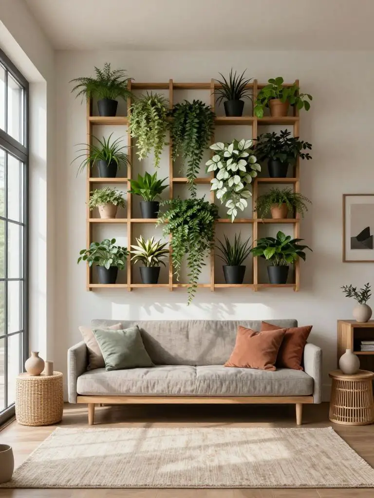 Design a compact sustainable home decor living room with a vertical plant wall as the main feature.