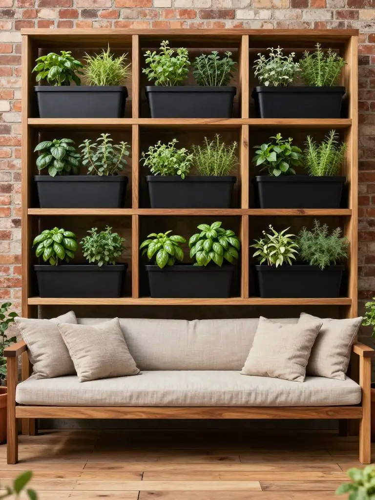 A vertical garden wall behind an outdoor sofa featuring layered wooden shelving filled with black rectangular planters and lush green herbs.