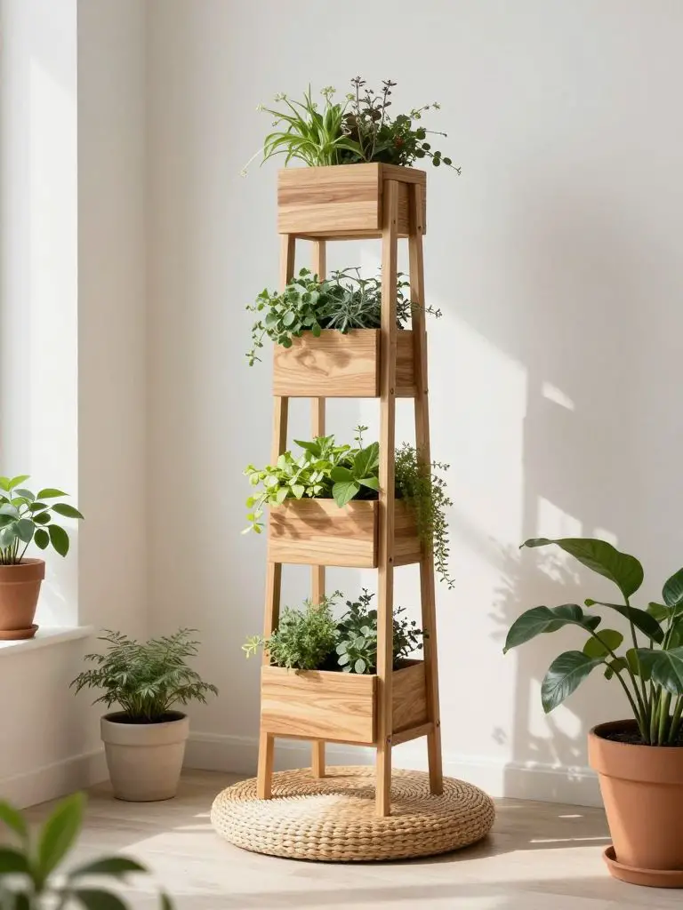 A vertical tiered planter stand designed for a tiny backyard or patio corner in Warm Minimalist style.