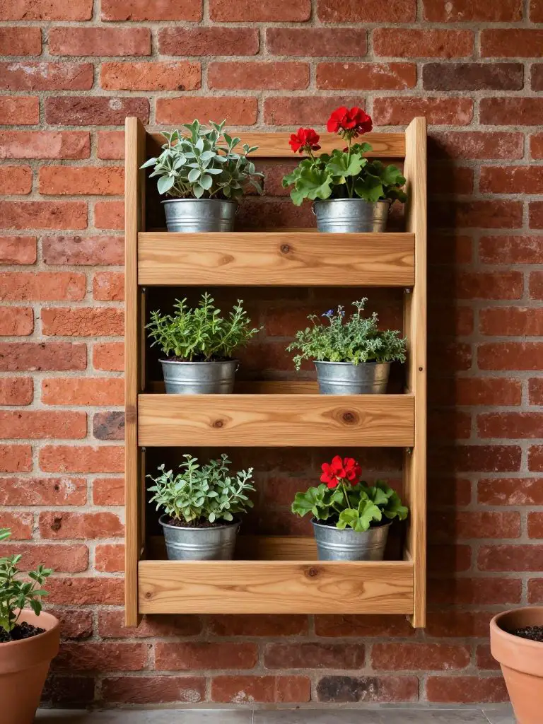 A vertical wooden wall planter shelf mounted against a rustic red brick wall in a compact patio setting, styled in Warm Minimalist with Mode.