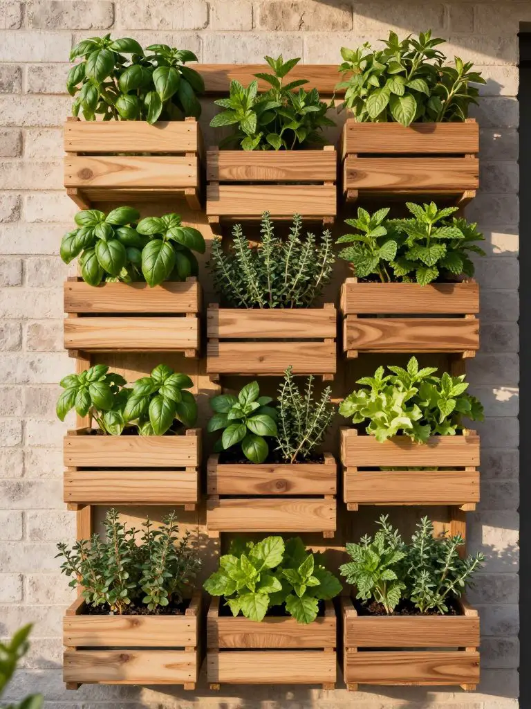 A vertical herb wall composed of stacked wooden crate planters mounted against a light brick exterior, styled in Modern Rustic garden decor.
