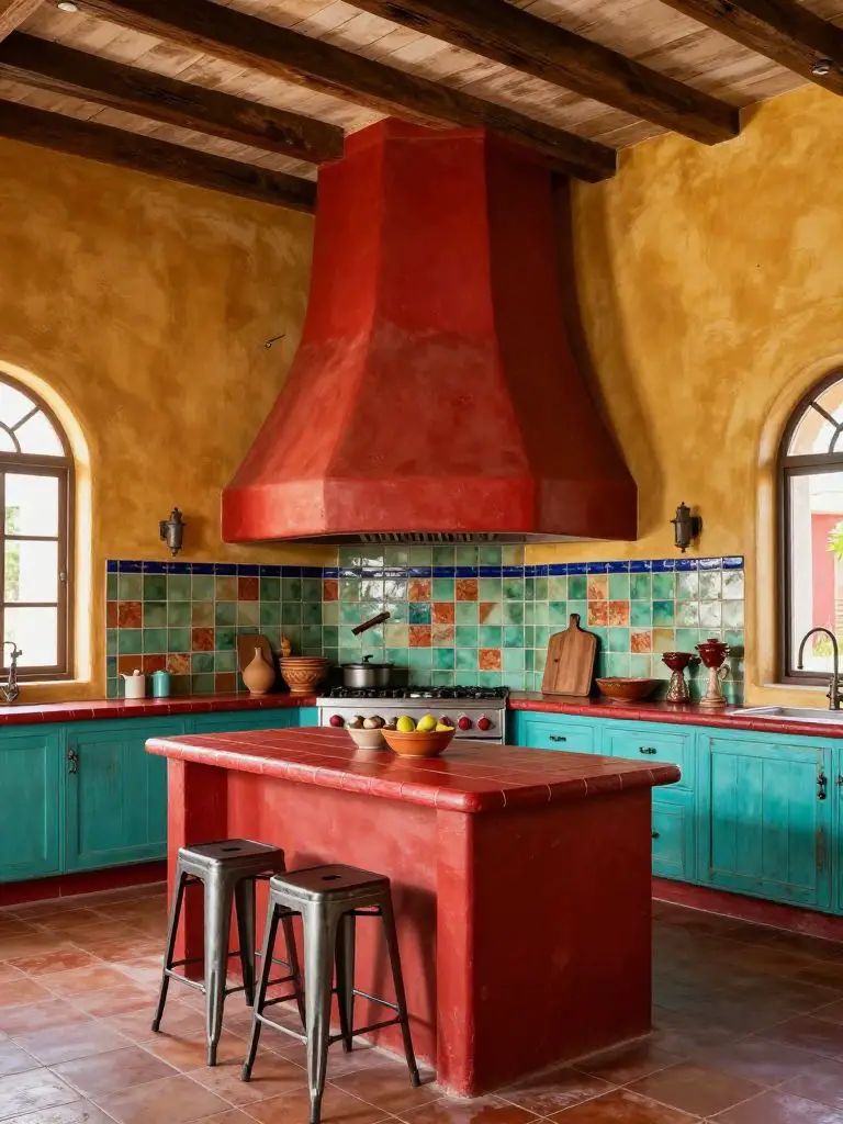 A striking Mexican Hacienda kitchen with a dramatic red plaster range hood as the focal point, paired with turquoise lower cabinetry in a di.