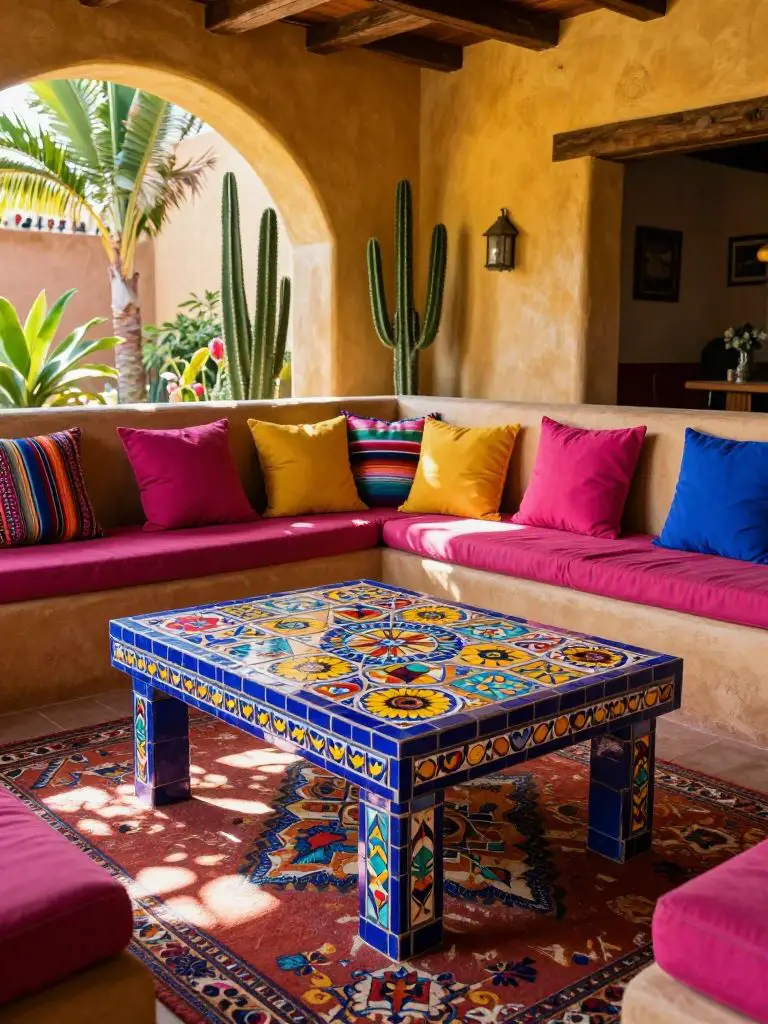 A colorful Mexican living room with a handcrafted tile coffee table as the clear hero subject positioned centrally in the frame.