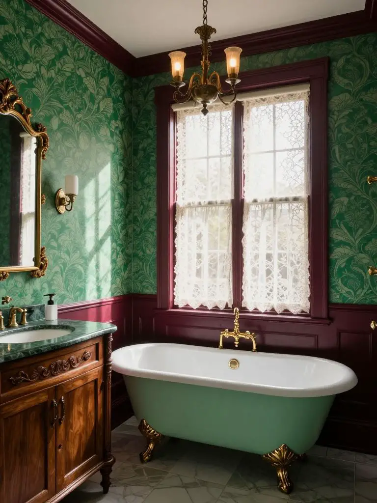 A Victorian emerald green bathroom blending patterned emerald wallpaper with deep burgundy trim and rich walnut cabinetry.