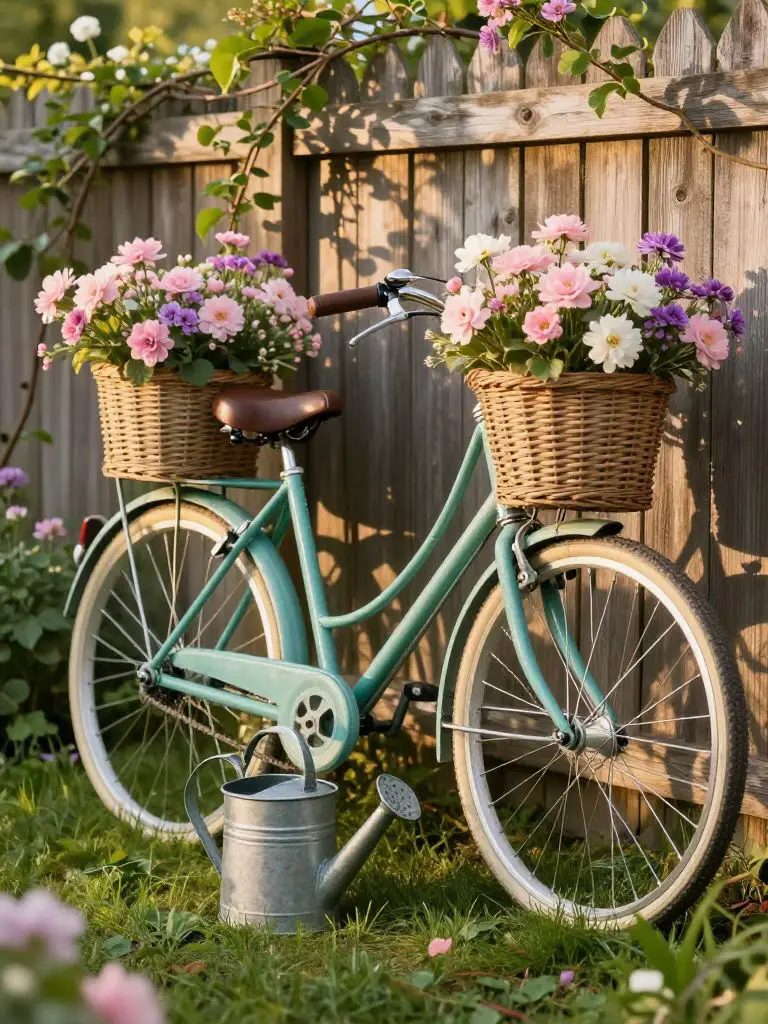 A romantic garden vignette featuring a vintage-style teal bicycle leaned gently against a wooden fence, with woven baskets attached and over.