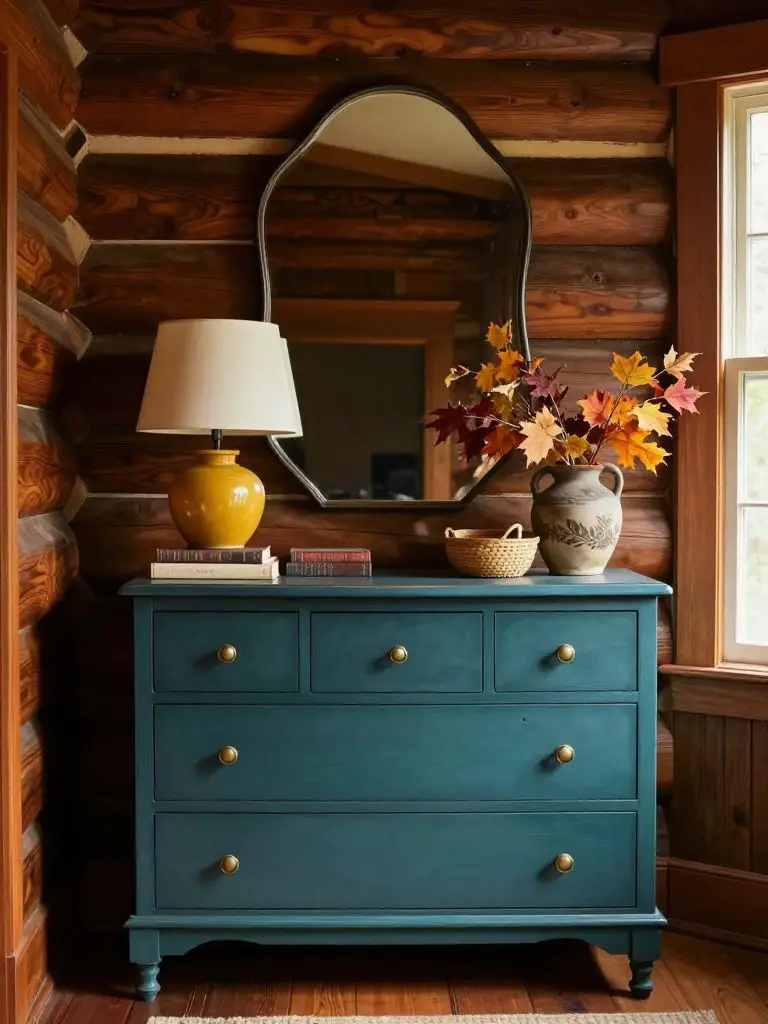 A vintage-inspired cabin dresser vignette embracing collected cabin decorating ideas.