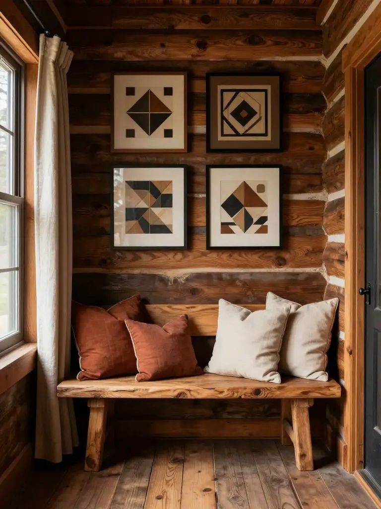 A cozy cabin entryway vignette styled with vintage cabin decorating ideas.