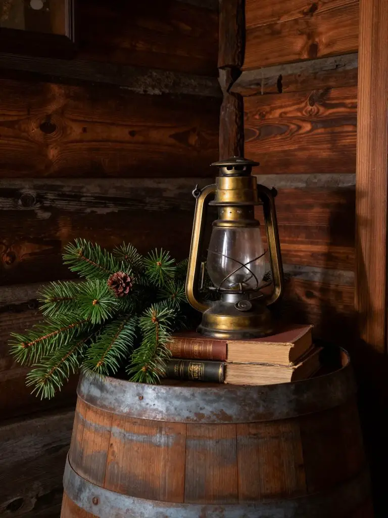 A vintage mountain cabin vignette styled on a rustic barrel side table.