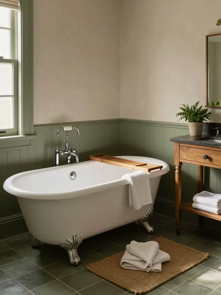 A vintage-inspired olive green bathroom showcasing a white clawfoot tub against soft sage walls and classic trim.
