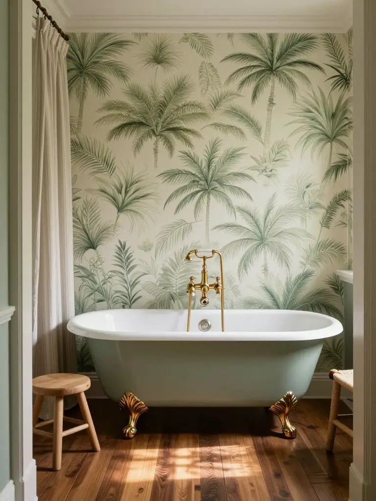 A charming vintage bathroom with a sage-painted clawfoot tub centered on dark stained hardwood flooring.