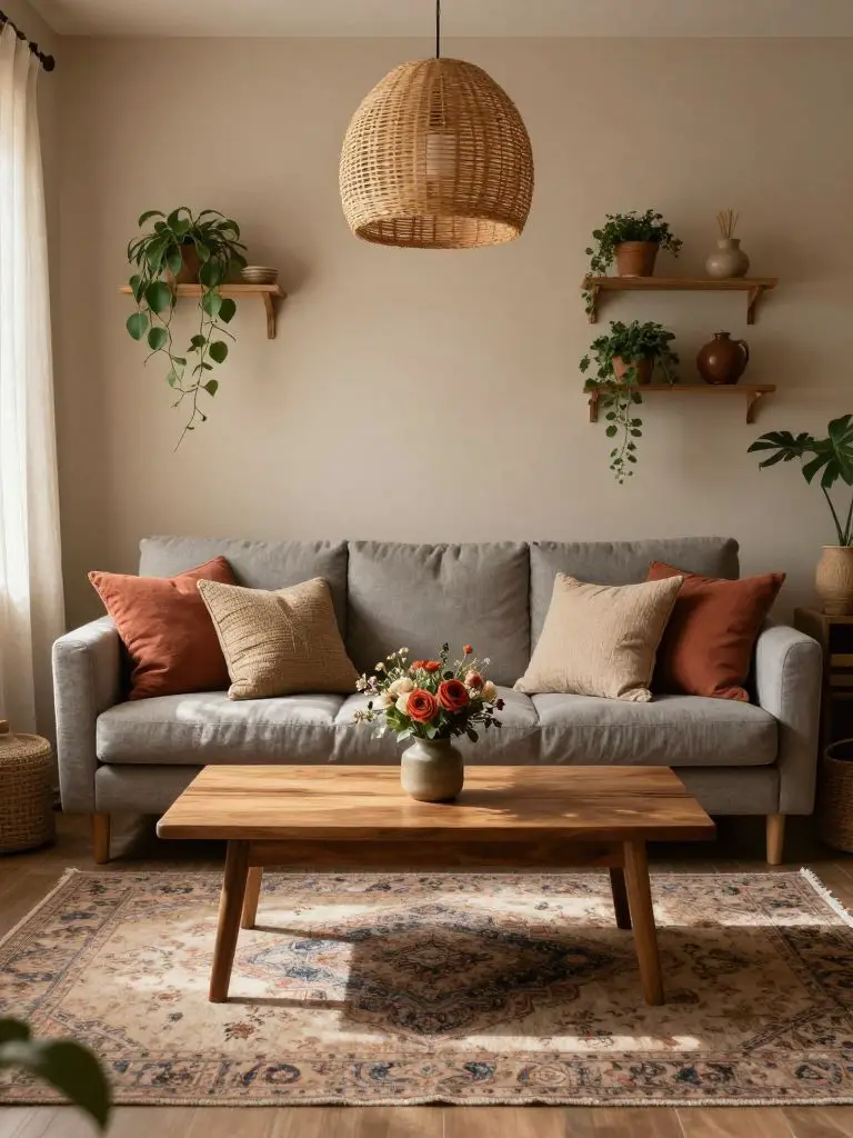 A vintage-inspired cozy earthy living room featuring a soft gray sofa layered with warm clay, rust, and sand-toned pillows in textured linen.