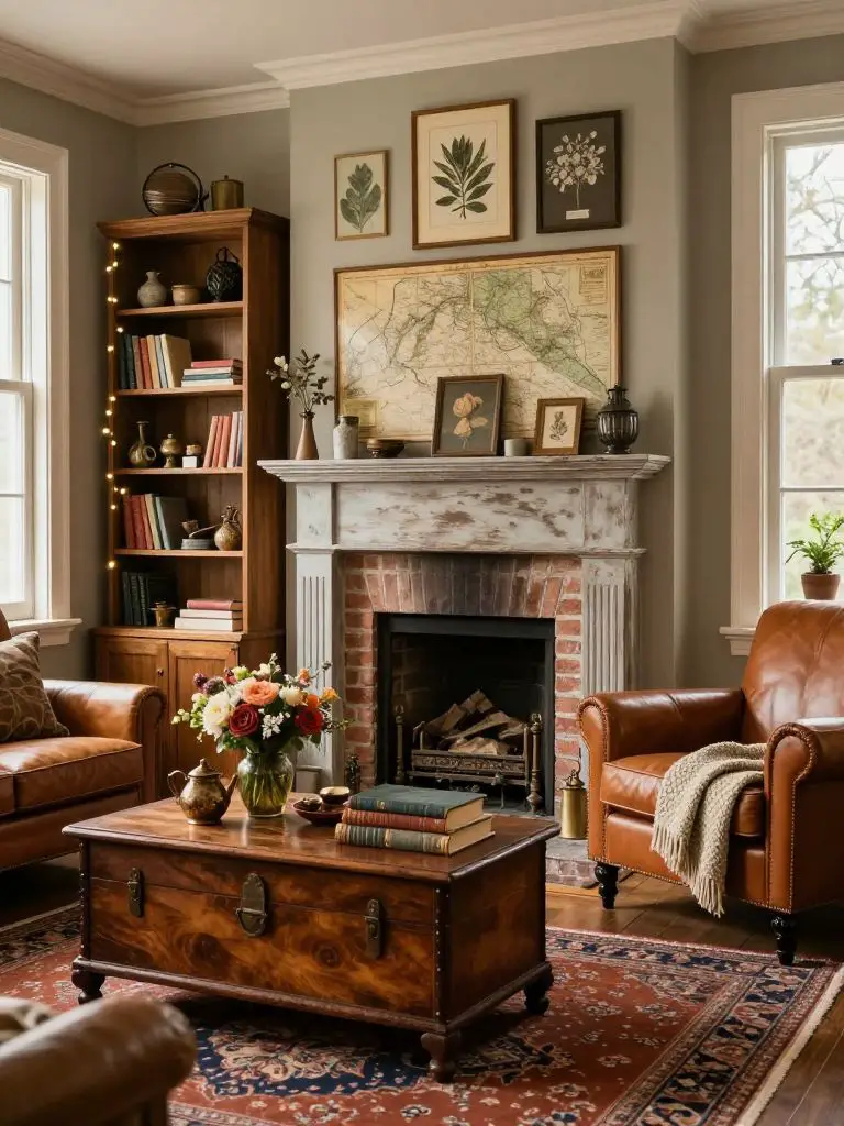 A vintage-inspired boho country living room anchored by an antique-style fireplace with a distressed mantel and exposed brick interior.
