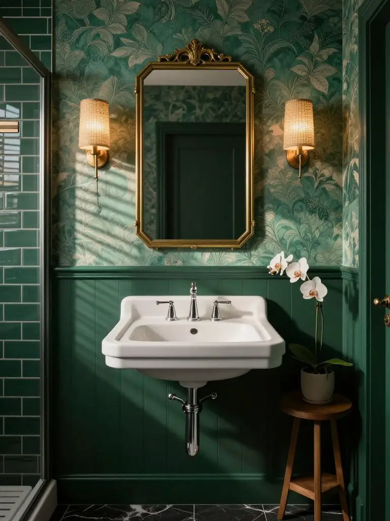 A vintage-inspired dark green bathroom combining patterned teal-green wallpaper with deep emerald wainscoting.