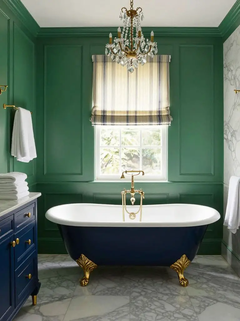 A vintage-inspired emerald green bathroom with a navy clawfoot tub as the central focal point beneath a window dressed in striped fabric sha.