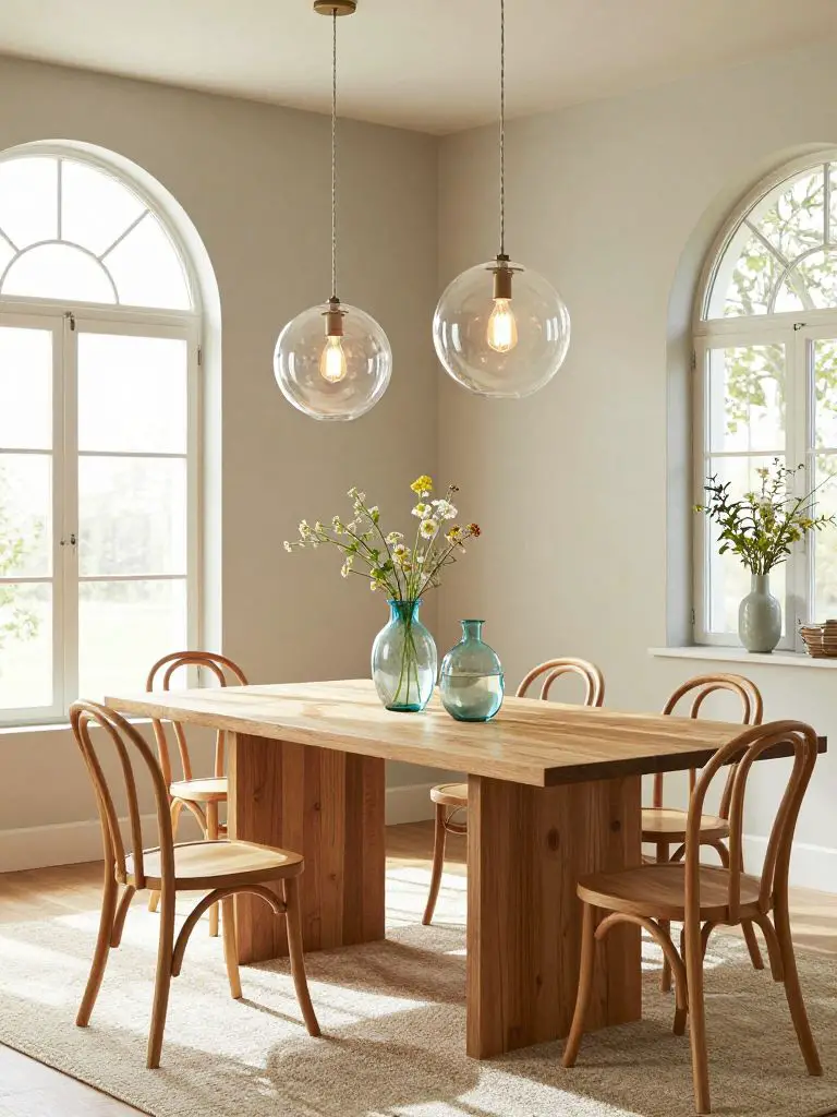 Create a sustainable home decor dining space with vintage-inspired glass pendant lighting as the hero feature.