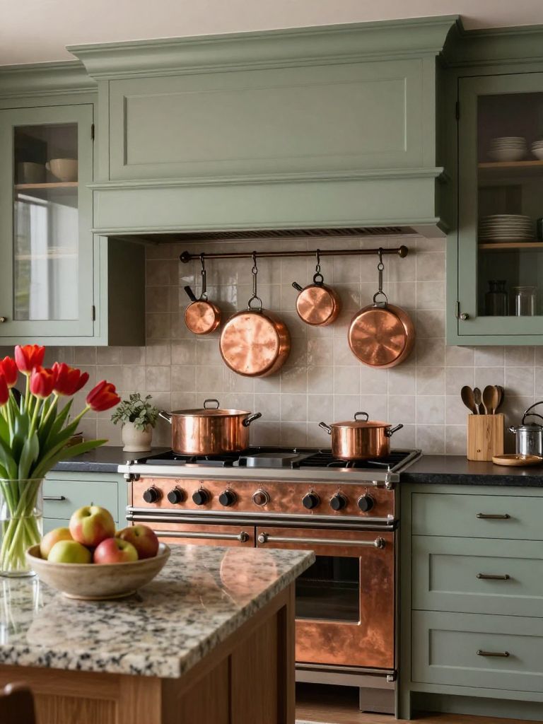 A vintage-inspired earthy kitchen featuring sage green cabinetry with classic panel detailing and a dark stone countertop.